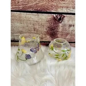 Vintage Anthropologie Floral Butterfly Hand Painted Painted Glass Lamp Vase EUC