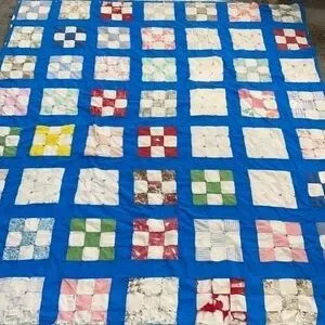 Vintage Antique Handmade Bright Blue Colorful Patchwork Checkered Quilt Bohemian
