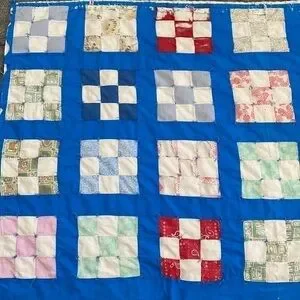Vintage Antique Handmade Bright Blue Colorful Patchwork Checkered Quilt Bohemian