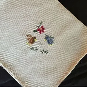 Vintage Bird Motif Embroidered Cream Silk Napkin