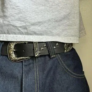 Vintage Black American Western Cowboy Boho Star Studded Belt