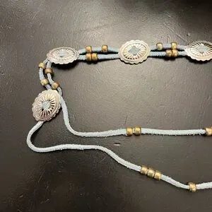 Vintage Blue Leather Western Concho Metal Pony Bead “Belly Chain” Tie Belt O/S