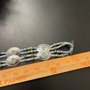 Vintage Blue Leather Western Concho Metal Pony Bead “Belly Chain” Tie Belt O/S