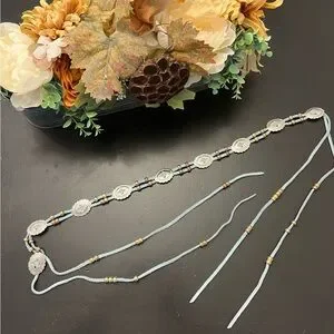 Vintage Blue Leather Western Concho Metal Pony Bead “Belly Chain” Tie Belt O/S