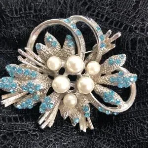 Vintage Blue Rhinestone And Pearl Brooch Bouquet Pin
