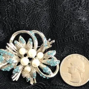 Vintage Blue Rhinestone And Pearl Brooch Bouquet Pin
