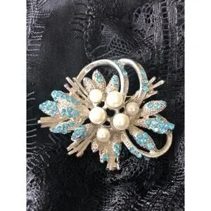 Vintage Blue Rhinestone and Pearl Brooch Bouquet Pin