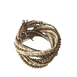 Vintage Brown Cream Beaded Braided Twist Cuff Bracelet Womens Costume Jewelry