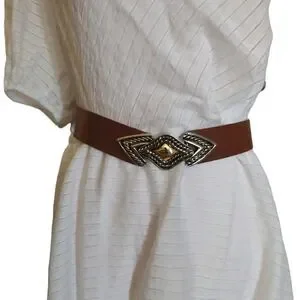 Vintage Brown Leather Silver Gold Buckle Adjustable Belt Small