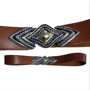 Vintage Brown Leather Silver Gold Buckle Adjustable Belt Small Vintage Brown Leather Silver Gold Buckle Adjustable Belt Small