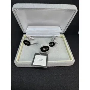 Vintage Christian Dior Monsieur Cufflinks Set Oval CD Logo In Original Box