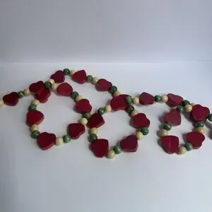 Vintage Christmas Garland Wood Beads Red Hearts Country Farmhouse Cottagecore