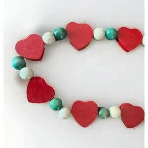 Vintage Christmas Garland Wood Beads Red Hearts Country Farmhouse Cottagecore