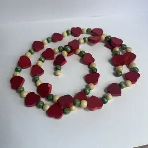 Vintage Christmas Garland Wood Beads Red Hearts Country Farmhouse Cottagecore