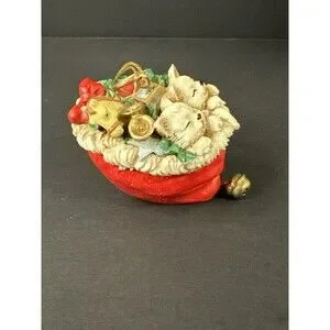 Vintage Christmas Ornament Kittens In Red Stocking With Toys & Bell