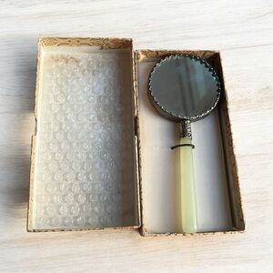Vintage Cloisonné Hand Mirror with Jade Handle & Box