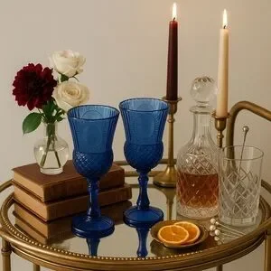 Vintage Cobalt Blue Glass Goblets Cameo Design Set Of 2