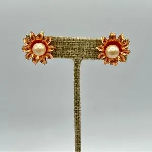 Vintage Copper Flower Clip On Earrings Faux Pearl Center Screw On