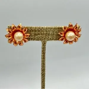 Vintage Copper Flower Clip On Earrings Faux Pearl Center Screw On
