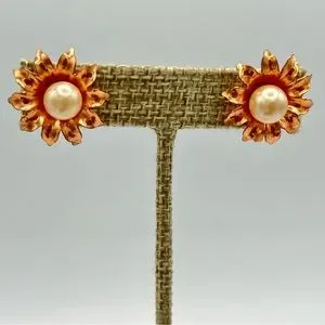 Vintage Copper Flower Clip On Earrings Faux Pearl Center Screw On