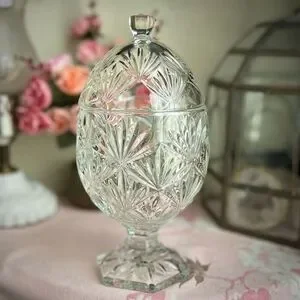 Vintage Cristal D'Arques-Durand Egg Covered Candy Compote Clear 6 Sided Stem