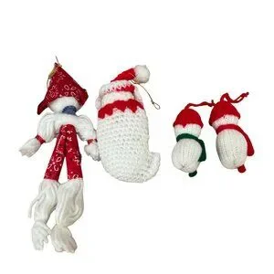 Vintage Crocheted Christmas Ornaments Snowman Mouse In Stocking Elf Pixie Set 4