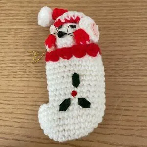 Vintage Crocheted Christmas Ornaments Snowman Mouse In Stocking Elf Pixie Set 4