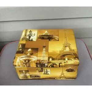 Vintage Delacre Baker Metal Tin Theme Of Paris 9" Square Gold