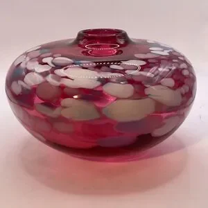Vintage Douglas Becker Signed Cranberry Art Glass Vase Coin Dot Pattern
