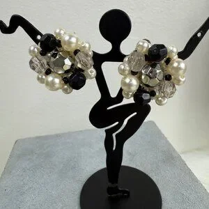 Vintage Faux Pearl Silver Black Cluster Bead Clip-on Earring
