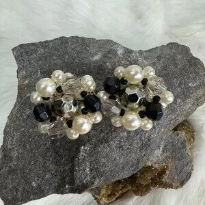 Vintage Faux Pearl Silver Black Cluster Bead Clip-on Earring