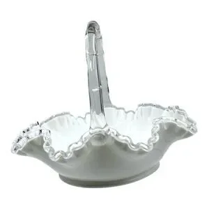 Vintage Fenton Silver Crest Bridal Basket White Ruffled Clear Edges Handle Large