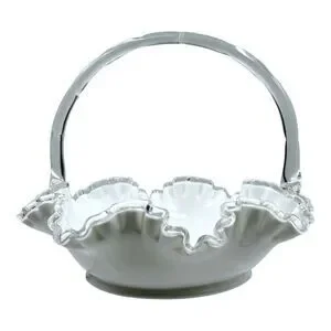 Vintage Fenton Silver Crest Bridal Basket White Ruffled Clear Edges Handle Large