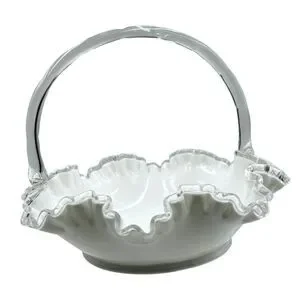 Vintage Fenton Silver Crest Bridal Basket White Ruffled Clear Edges Handle Large