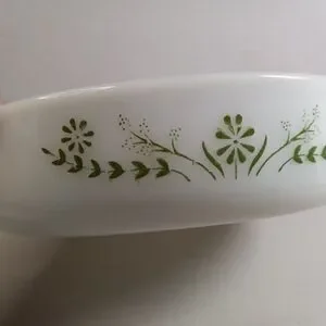 Vintage Glasbake 429 Green Daisy Handled baking dish