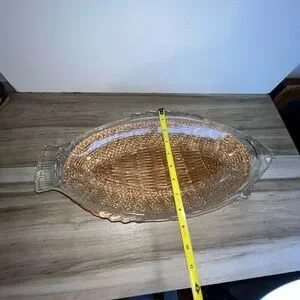 Vintage Glasbake Clear Glass Fish Bowl/Platter USA With Original Wicker Basket