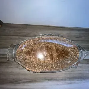 Vintage Glasbake Clear Glass Fish Bowl/Platter USA With Original Wicker Basket