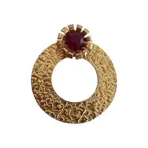 Vintage Gold Circle Brooch Gold Pin with Ruby Red Gem Detail Small