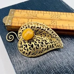 Vintage Gold Filigree Leaf Brooch With Tigers Eye Gemstone Cabochon
