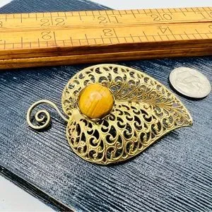 Vintage Gold Filigree Leaf Brooch With Tigers Eye Gemstone Cabochon