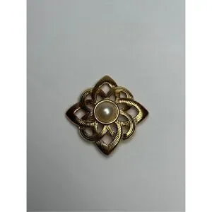 Vintage Gold-Tone Filigree Brooch With Faux Pearl Center