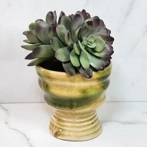 Vintage Green & Beige Studio Pottery Planter Pot Ribbed Base Goblet Shape 3.25"