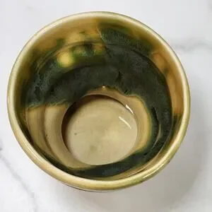 Vintage Green & Beige Studio Pottery Planter Pot Ribbed Base Goblet Shape 3.25"