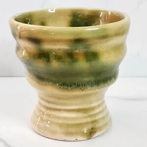 Vintage Green & Beige Studio Pottery Planter Pot Ribbed Base Goblet Shape 3.25"