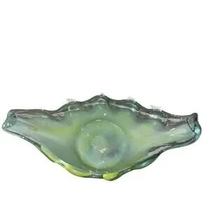 Vintage Hand Blown Glass Green Yellow Wave Pattern Unique Art Coastal Vibe 11.25