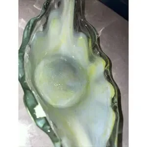 Vintage Hand Blown Glass Green Yellow Wave Pattern Unique Art Coastal Vibe 11.25