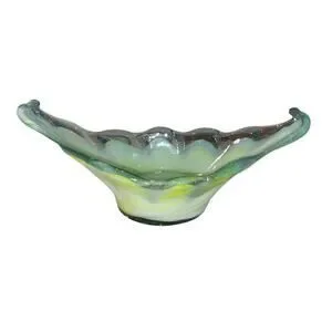 Vintage Hand Blown Glass Green Yellow Wave Pattern Unique Art Coastal Vibe 11.25