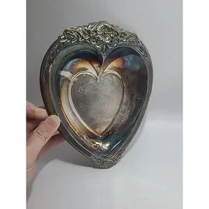 Vintage Heart Shaped Silver Trinket Key Tray Floral Pattern Laurel Mist