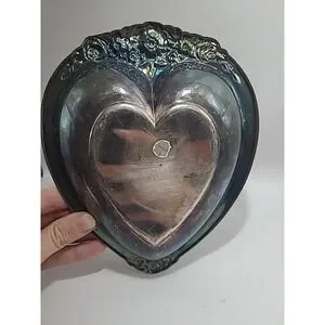 Vintage Heart Shaped Silver Trinket Key Tray Floral Pattern Laurel Mist