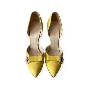 Vintage Herbert Levine Yellow Suede D'Orsey Pumps With Rhinestone Buckles. 8S